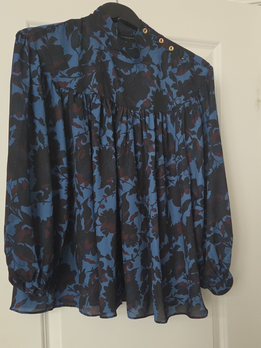 HalstonBlue and Black Floral Button-Shoulder A-line Blouse